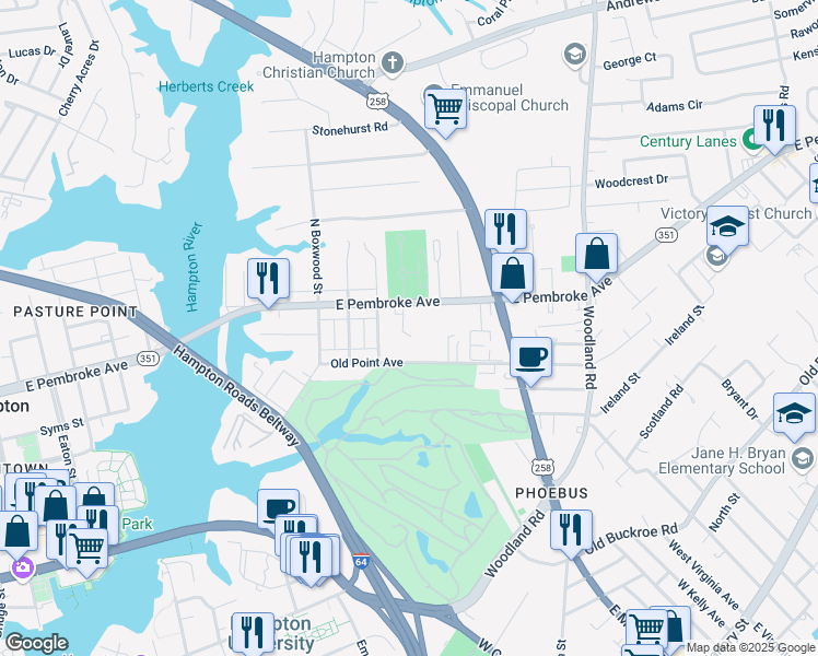 map of restaurants, bars, coffee shops, grocery stores, and more near 6 Prentiss Ln in Hampton