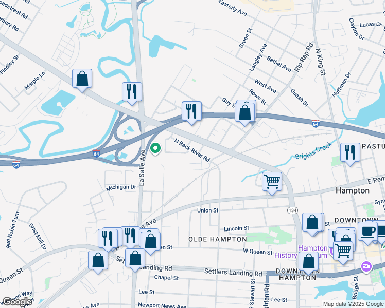 map of restaurants, bars, coffee shops, grocery stores, and more near 818 Roosevelt Street in Hampton