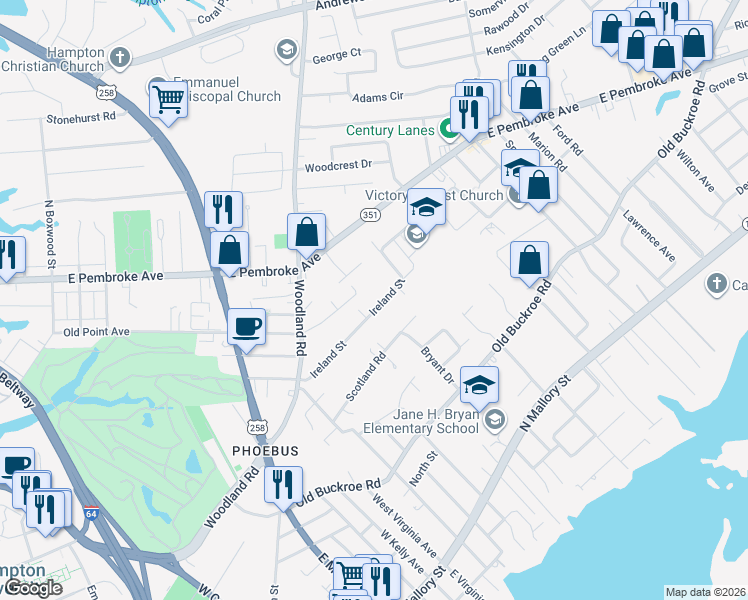map of restaurants, bars, coffee shops, grocery stores, and more near 57 Ireland Street in Hampton