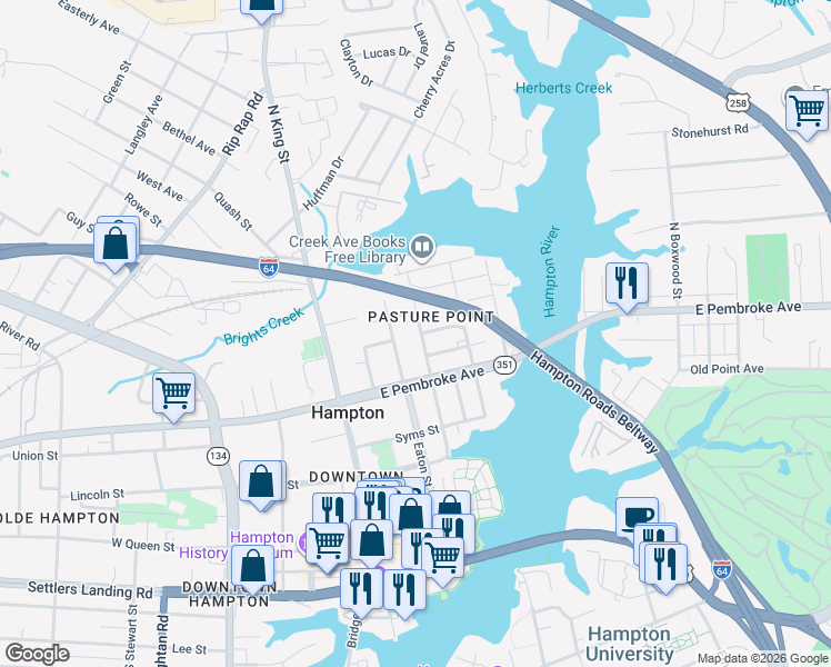 map of restaurants, bars, coffee shops, grocery stores, and more near 503 Washington Street in Hampton