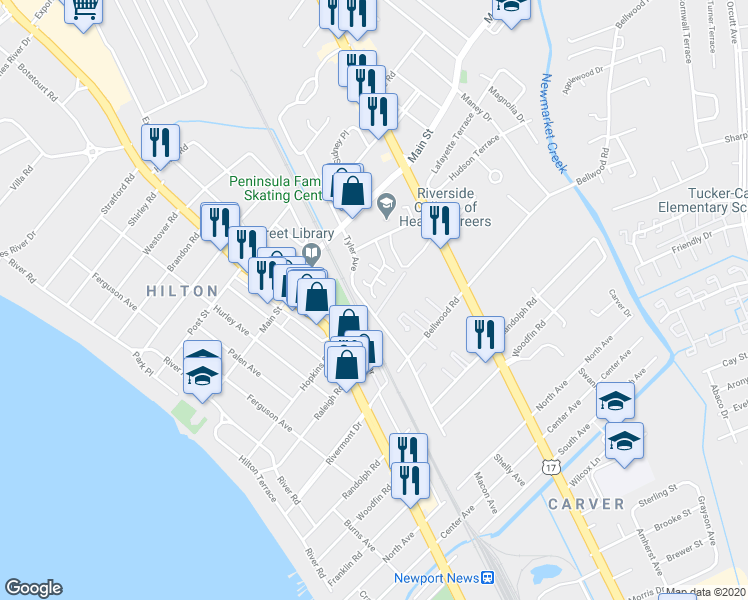 map of restaurants, bars, coffee shops, grocery stores, and more near 500 Bulkeley Place in Newport News
