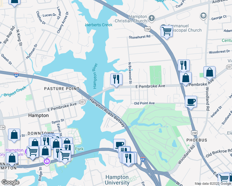 map of restaurants, bars, coffee shops, grocery stores, and more near 21 Magnolia Place in Hampton