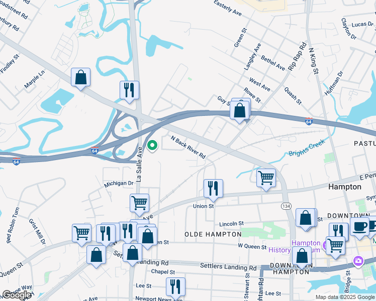 map of restaurants, bars, coffee shops, grocery stores, and more near 818 Roosevelt Street in Hampton