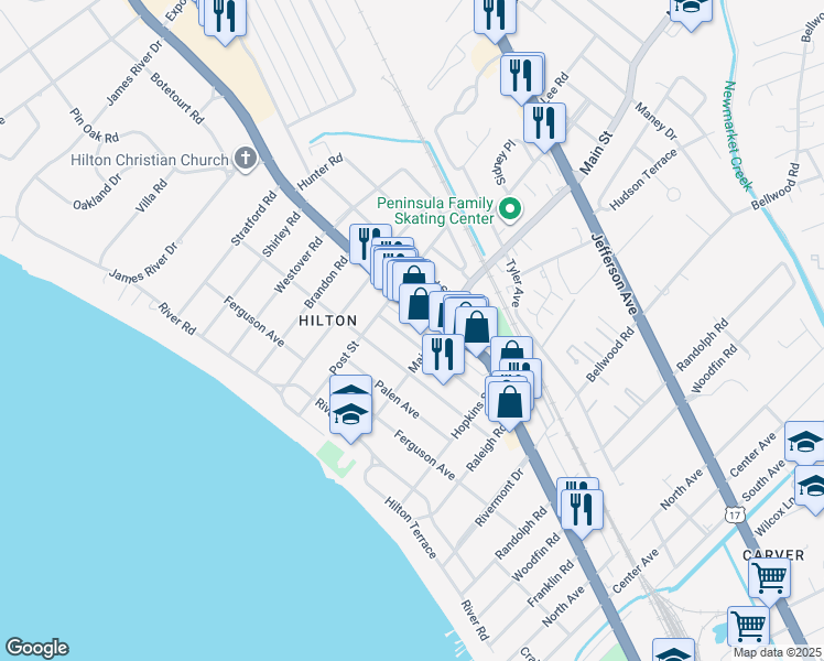 map of restaurants, bars, coffee shops, grocery stores, and more near 99 Main Street in Newport News