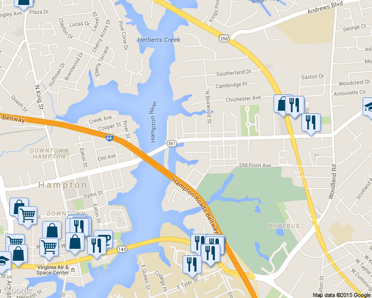 map of restaurants, bars, coffee shops, grocery stores, and more near 21 Magnolia Place in Hampton