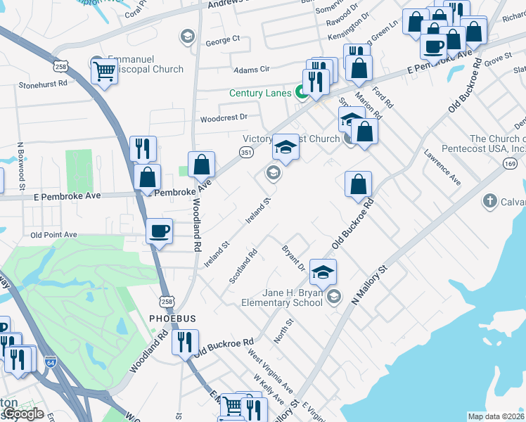 map of restaurants, bars, coffee shops, grocery stores, and more near 57 Ireland Street in Hampton