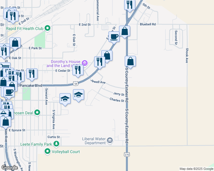 map of restaurants, bars, coffee shops, grocery stores, and more near 1200 Jewell Avenue in Liberal