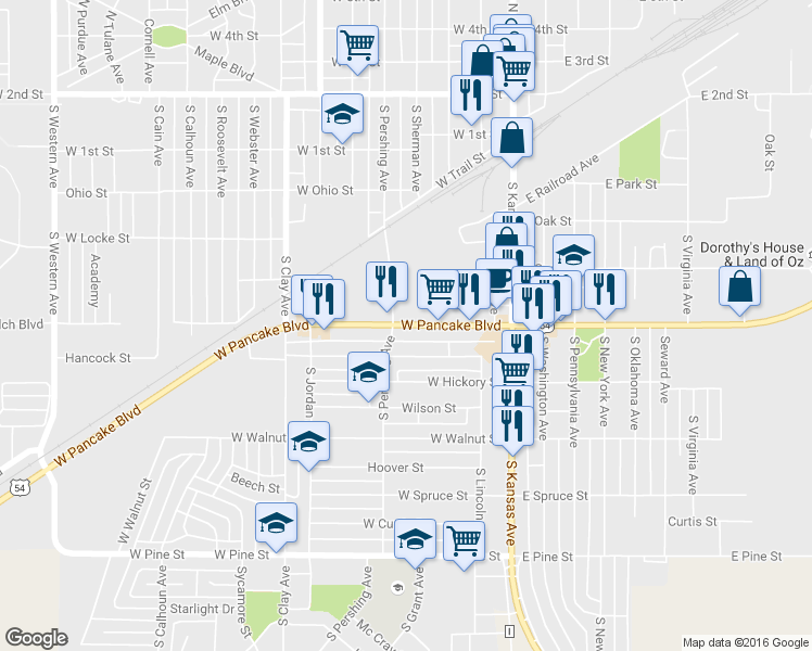 map of restaurants, bars, coffee shops, grocery stores, and more near 348 West Pancake Boulevard in Liberal