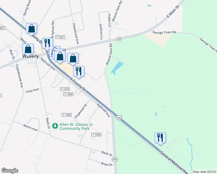 map of restaurants, bars, coffee shops, grocery stores, and more near Beaver Dam Road in Waverly