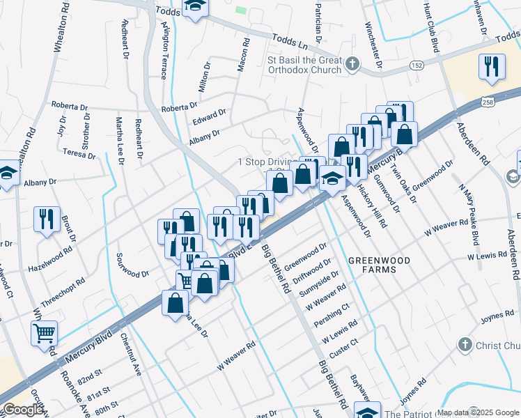 map of restaurants, bars, coffee shops, grocery stores, and more near 408 Hollomon Drive in Hampton