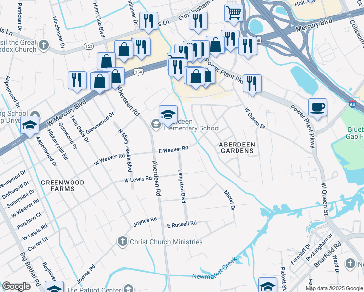 map of restaurants, bars, coffee shops, grocery stores, and more near 25 East Weaver Road in Hampton