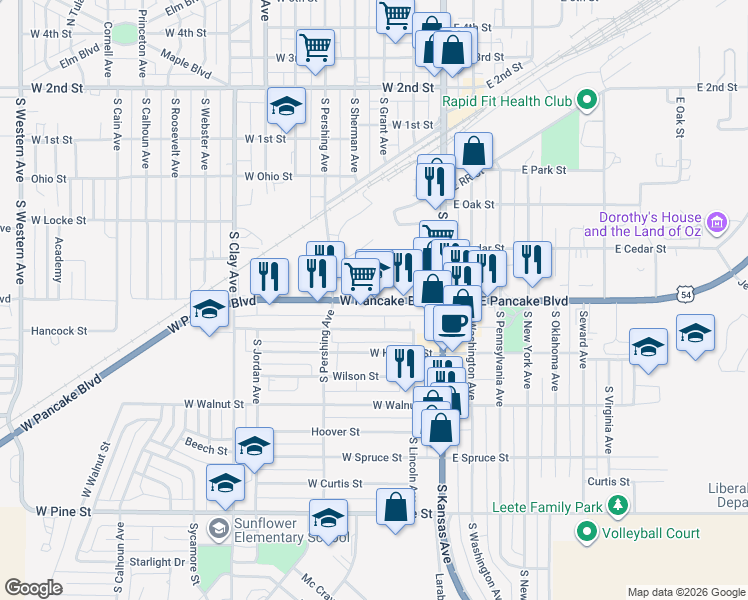 map of restaurants, bars, coffee shops, grocery stores, and more near 238-348 West Pancake Boulevard in Liberal