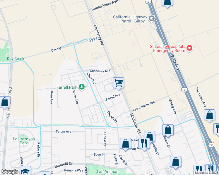 map of restaurants, bars, coffee shops, grocery stores, and more near 75 Farrell Avenue in Gilroy