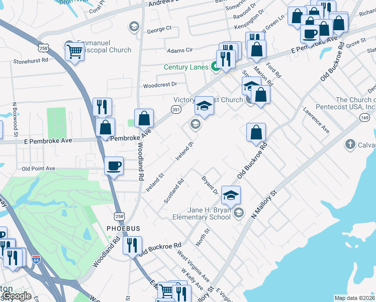 map of restaurants, bars, coffee shops, grocery stores, and more near 57 Ireland Street in Hampton
