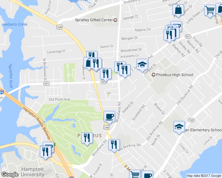 map of restaurants, bars, coffee shops, grocery stores, and more near 26 Godspeed Way in Hampton