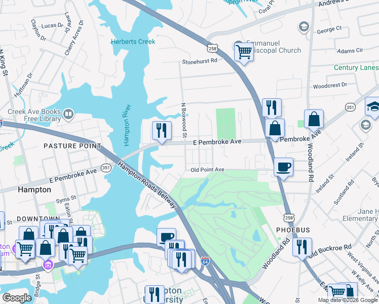 map of restaurants, bars, coffee shops, grocery stores, and more near 13 South Boxwood Street in Hampton