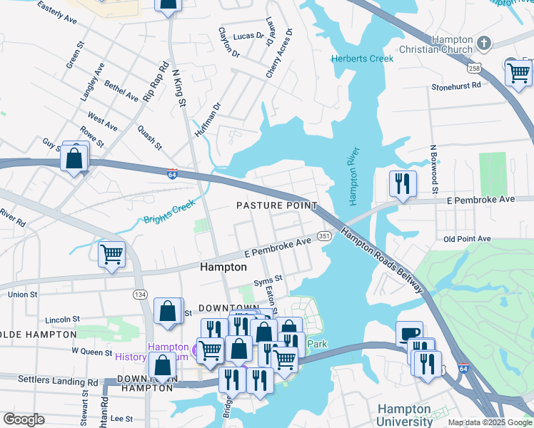 map of restaurants, bars, coffee shops, grocery stores, and more near 605 Washington Street in Hampton
