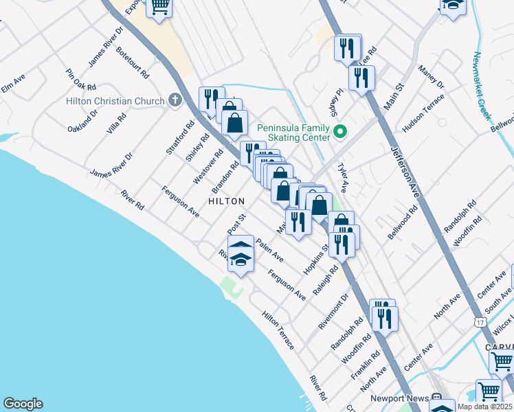 map of restaurants, bars, coffee shops, grocery stores, and more near 311 Piez Avenue in Newport News