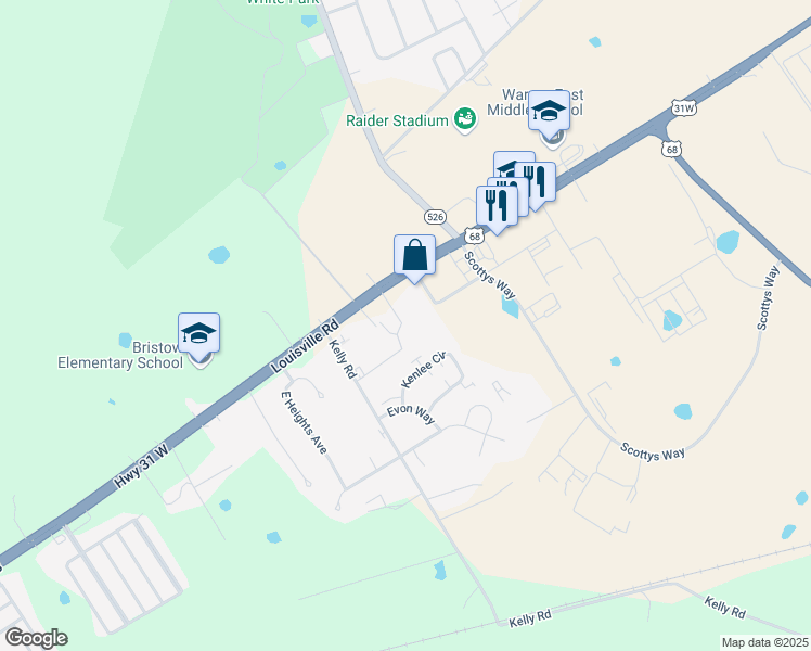 map of restaurants, bars, coffee shops, grocery stores, and more near 6550 Louisville Road in Bowling Green