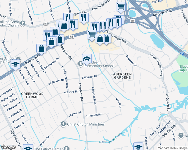 map of restaurants, bars, coffee shops, grocery stores, and more near 25 East Weaver Road in Hampton
