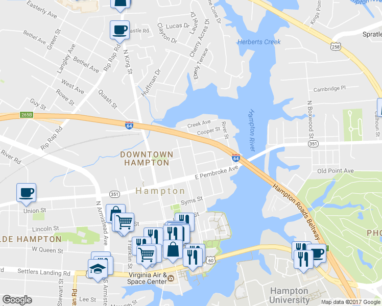 map of restaurants, bars, coffee shops, grocery stores, and more near 605 Washington Street in Hampton