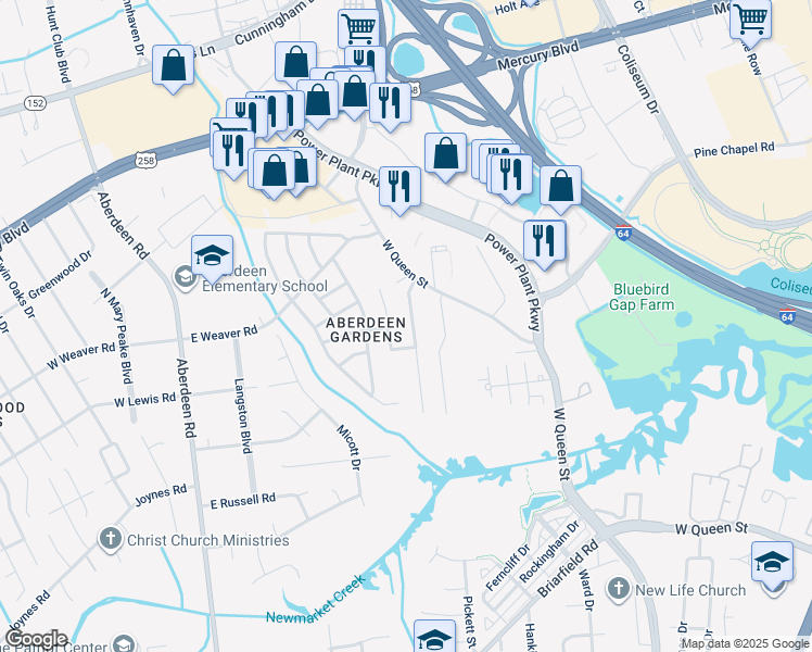 map of restaurants, bars, coffee shops, grocery stores, and more near 16 Cornelius Drive in Hampton