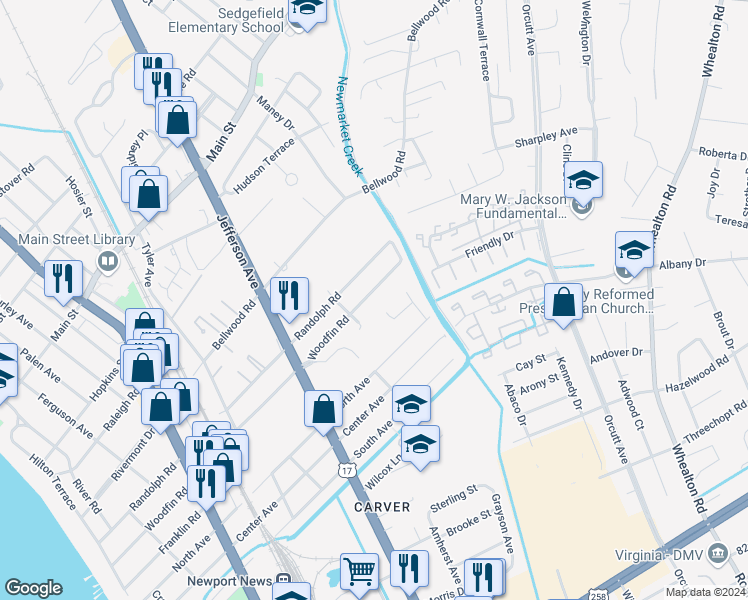 map of restaurants, bars, coffee shops, grocery stores, and more near 708 Woodfin Road in Newport News