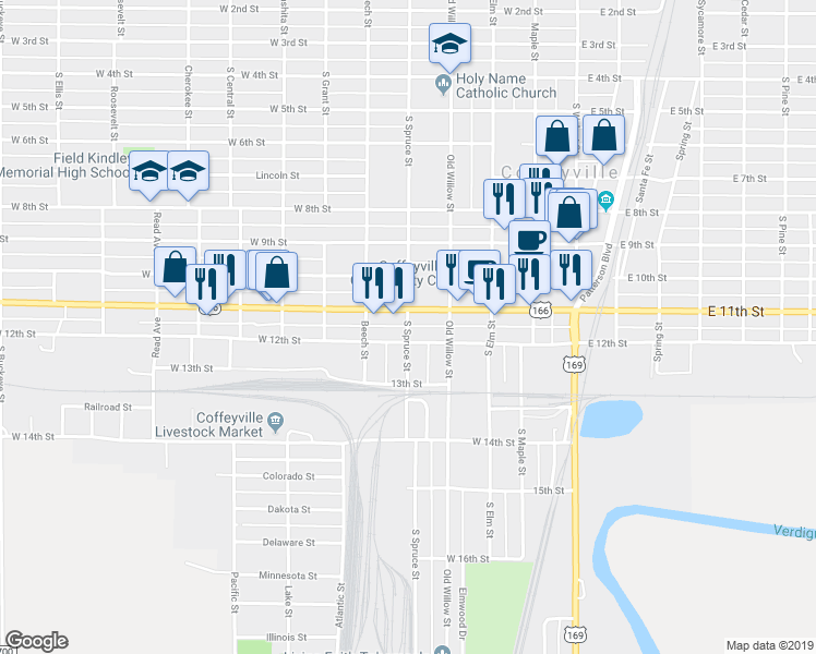 map of restaurants, bars, coffee shops, grocery stores, and more near 1153 South Spruce Street in Coffeyville