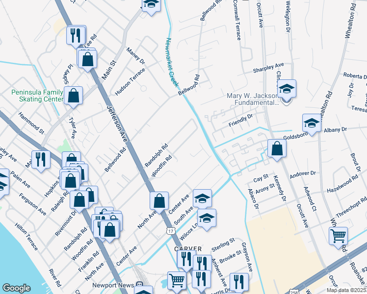 map of restaurants, bars, coffee shops, grocery stores, and more near 708 Woodfin Road in Newport News
