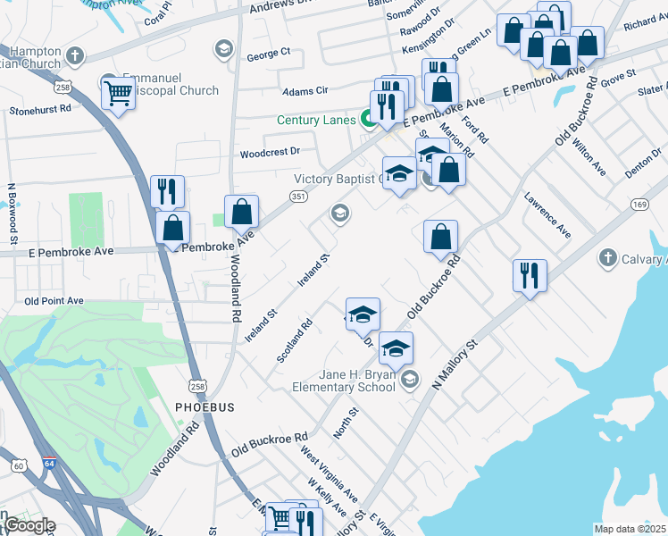 map of restaurants, bars, coffee shops, grocery stores, and more near 72 Ireland Street in Hampton