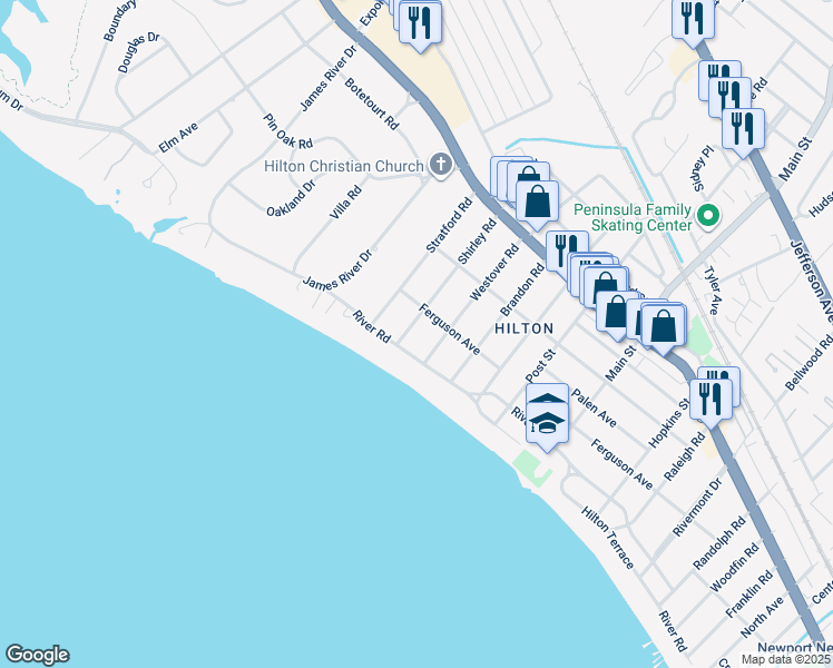 map of restaurants, bars, coffee shops, grocery stores, and more near 4 Shirley Road in Newport News