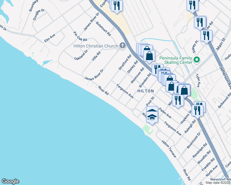 map of restaurants, bars, coffee shops, grocery stores, and more near 4 Shirley Road in Newport News