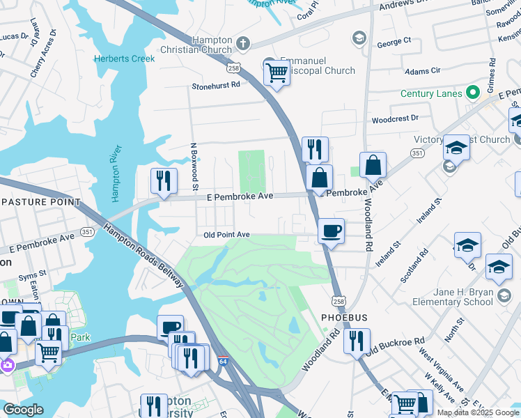 map of restaurants, bars, coffee shops, grocery stores, and more near 6 Prentiss Lane in Hampton