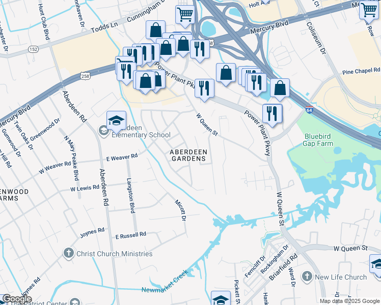 map of restaurants, bars, coffee shops, grocery stores, and more near 38 Newby Drive in Hampton