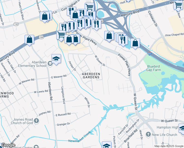 map of restaurants, bars, coffee shops, grocery stores, and more near 38 Newby Drive in Hampton