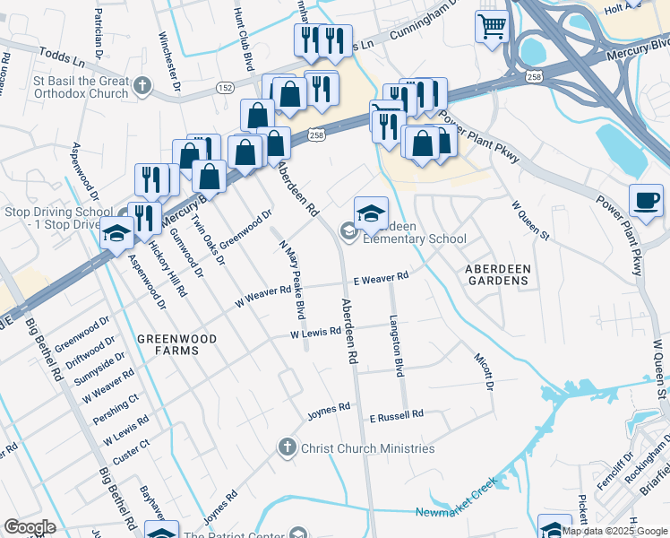 map of restaurants, bars, coffee shops, grocery stores, and more near 1417 Aberdeen Road in Hampton