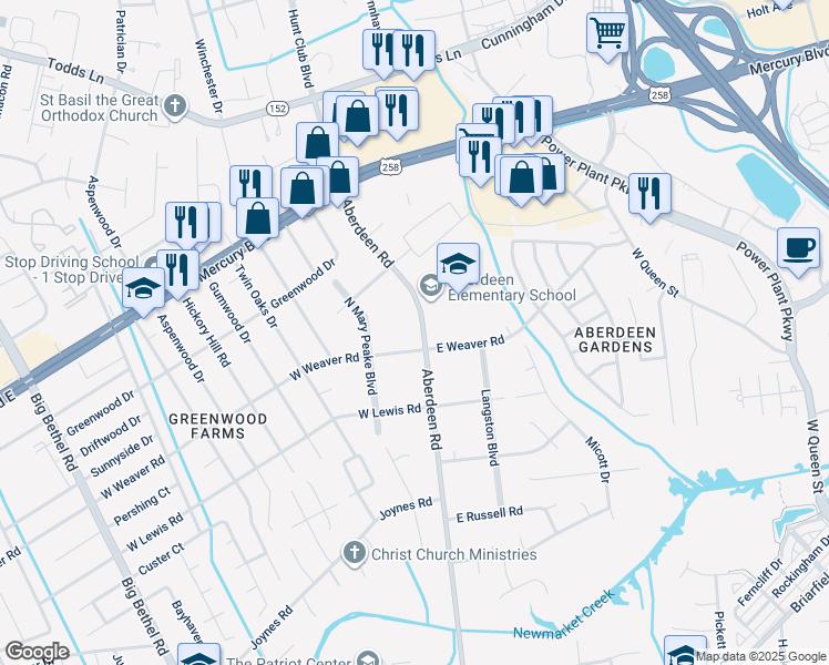 map of restaurants, bars, coffee shops, grocery stores, and more near 1417 Aberdeen Road in Hampton