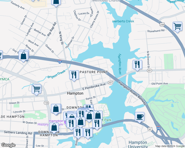 map of restaurants, bars, coffee shops, grocery stores, and more near 606 Washington Street in Hampton