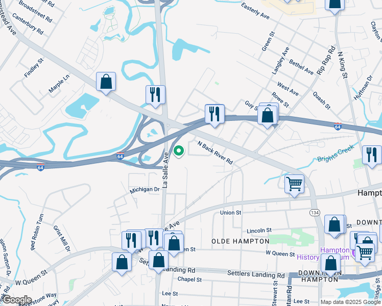 map of restaurants, bars, coffee shops, grocery stores, and more near 500 Patterson Avenue in Hampton