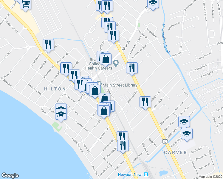 map of restaurants, bars, coffee shops, grocery stores, and more near 511 Bulkeley Place in Newport News