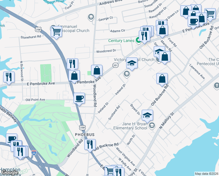 map of restaurants, bars, coffee shops, grocery stores, and more near 816 Old Point Avenue in Hampton
