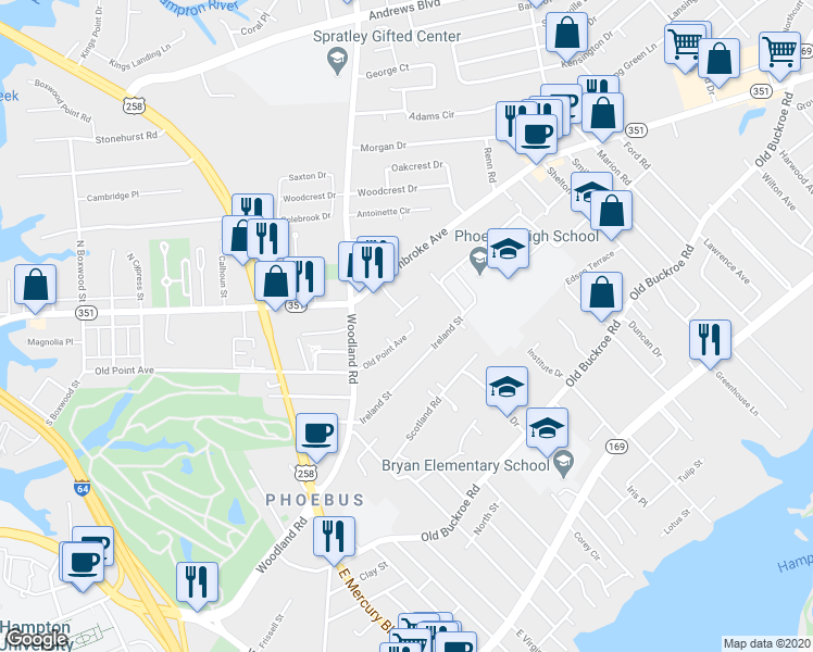 map of restaurants, bars, coffee shops, grocery stores, and more near 816 Old Point Avenue in Hampton