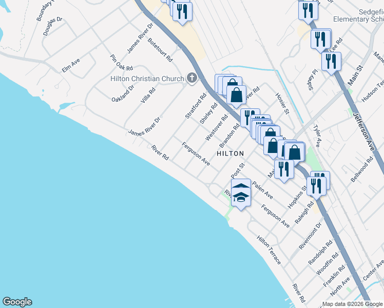 map of restaurants, bars, coffee shops, grocery stores, and more near 5 Westover Road in Newport News