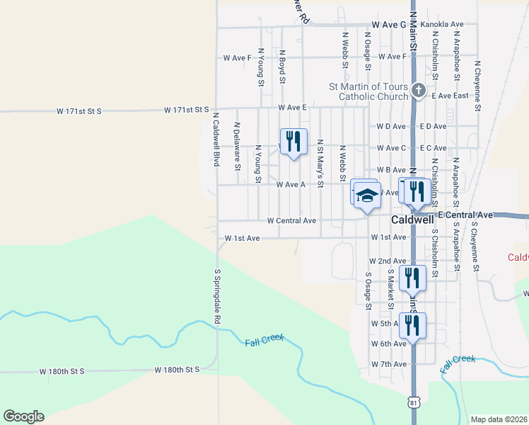 map of restaurants, bars, coffee shops, grocery stores, and more near 601-651 West Central Avenue in Caldwell