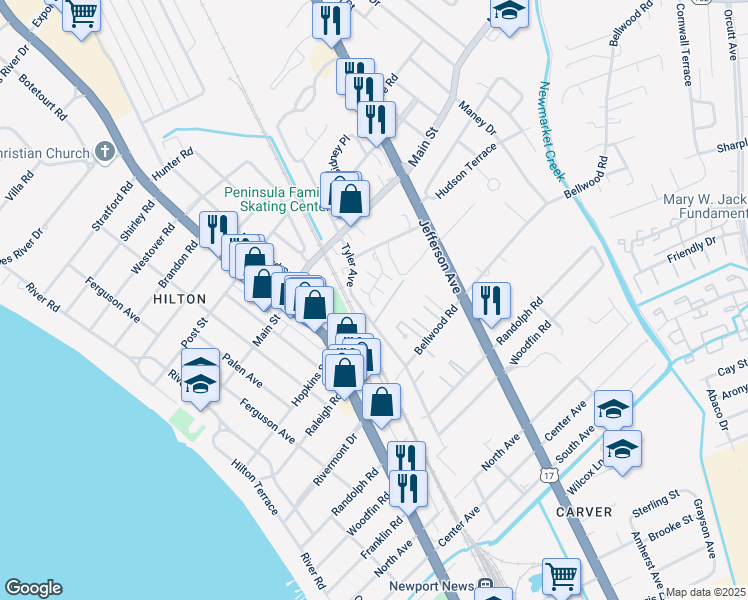 map of restaurants, bars, coffee shops, grocery stores, and more near 510 Bulkeley Place in Newport News