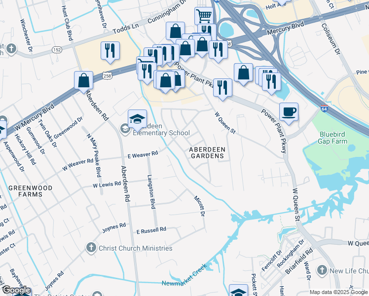 map of restaurants, bars, coffee shops, grocery stores, and more near 101 Pennington Terrace in Hampton
