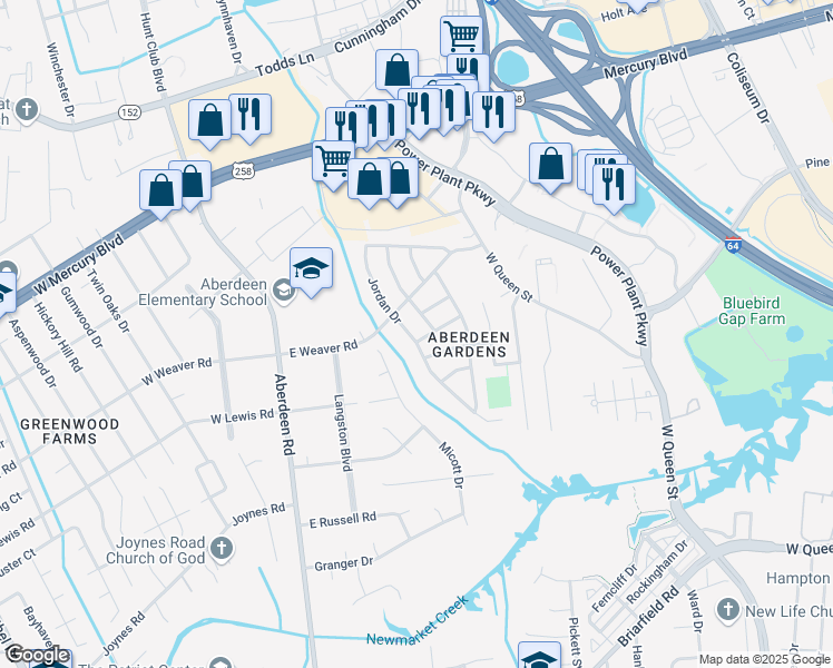 map of restaurants, bars, coffee shops, grocery stores, and more near 101 Pennington Terrace in Hampton