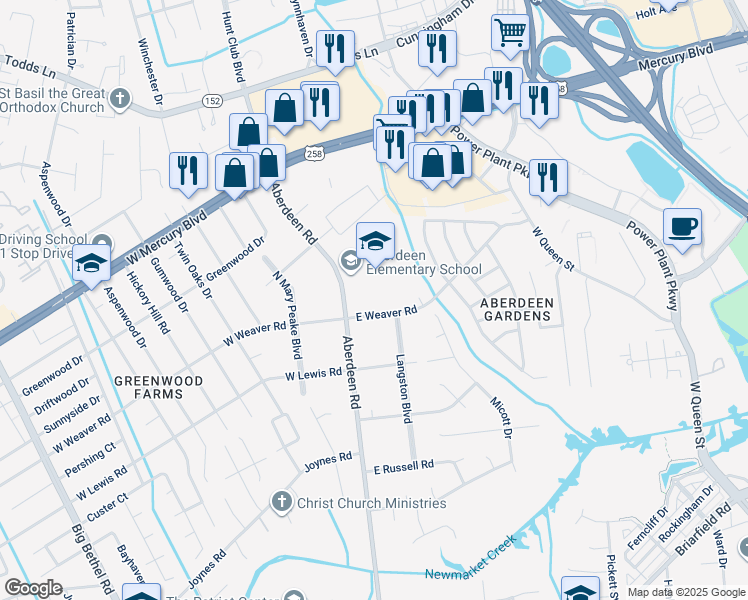 map of restaurants, bars, coffee shops, grocery stores, and more near 13 East Weaver Road in Hampton