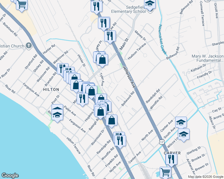 map of restaurants, bars, coffee shops, grocery stores, and more near 510 Bulkeley Place in Newport News
