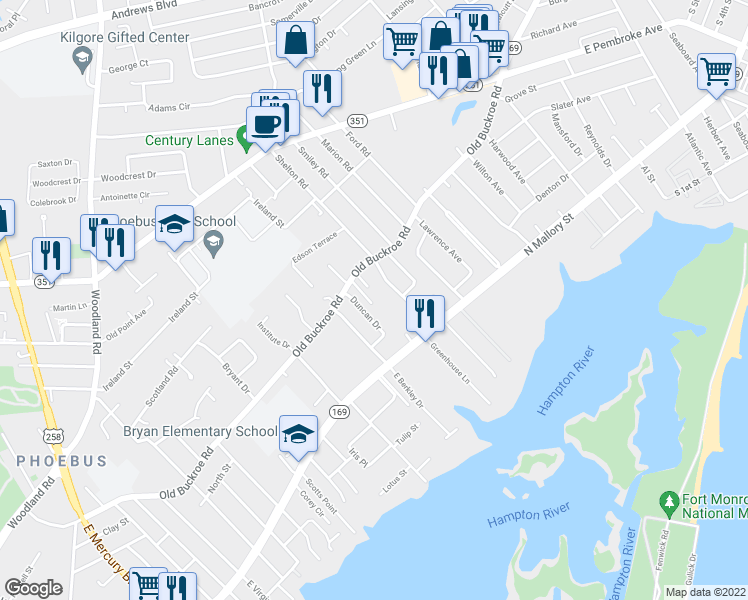 map of restaurants, bars, coffee shops, grocery stores, and more near 1268 Old Buckroe Road in Hampton